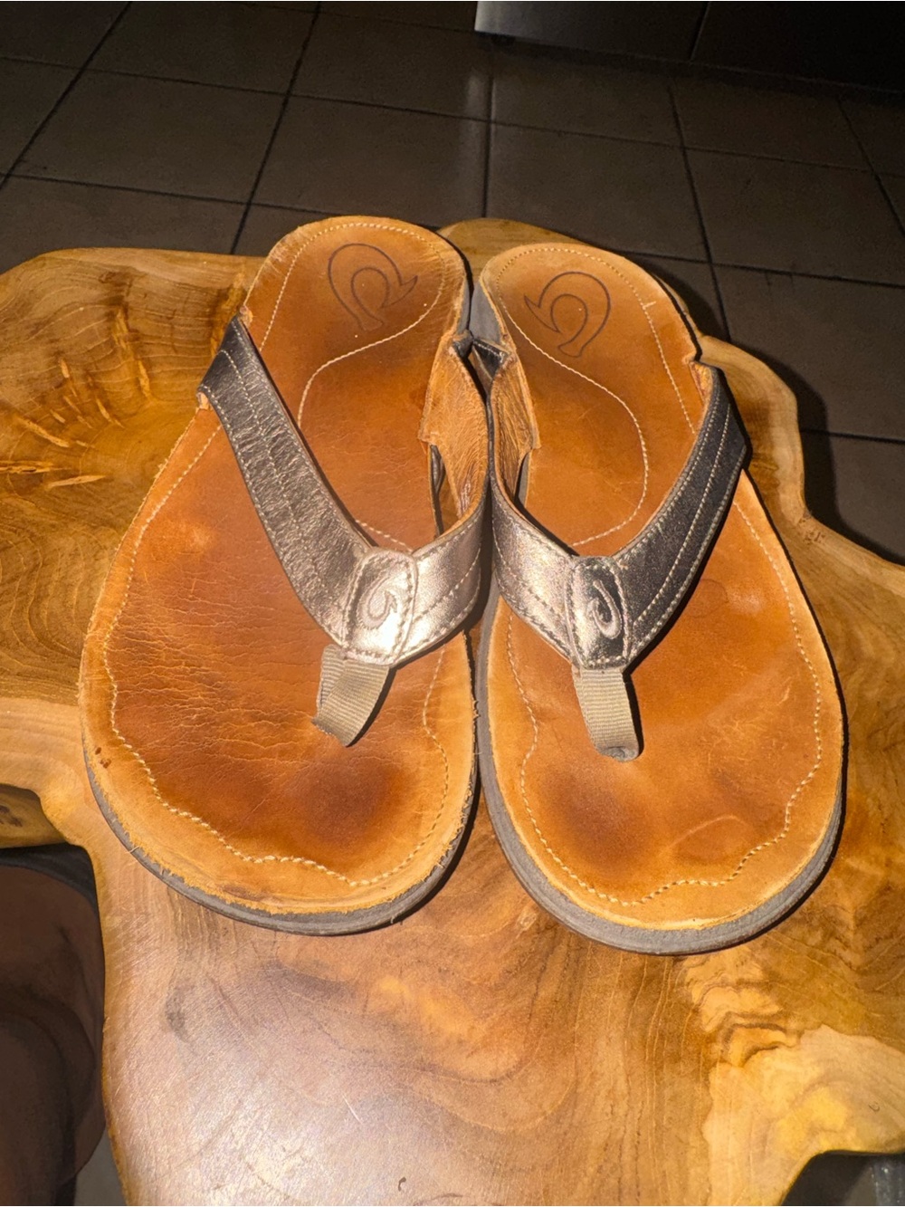 OluKai Women's Brown Leather Thong Sandals with Metallic Straps